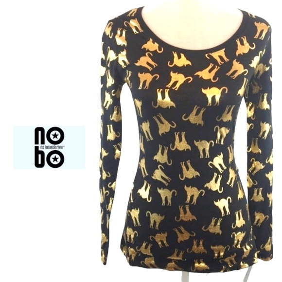Gold Foil Cats on Long Sleeve Black Tee by No Boundaries NWT - Picture 4 of 4